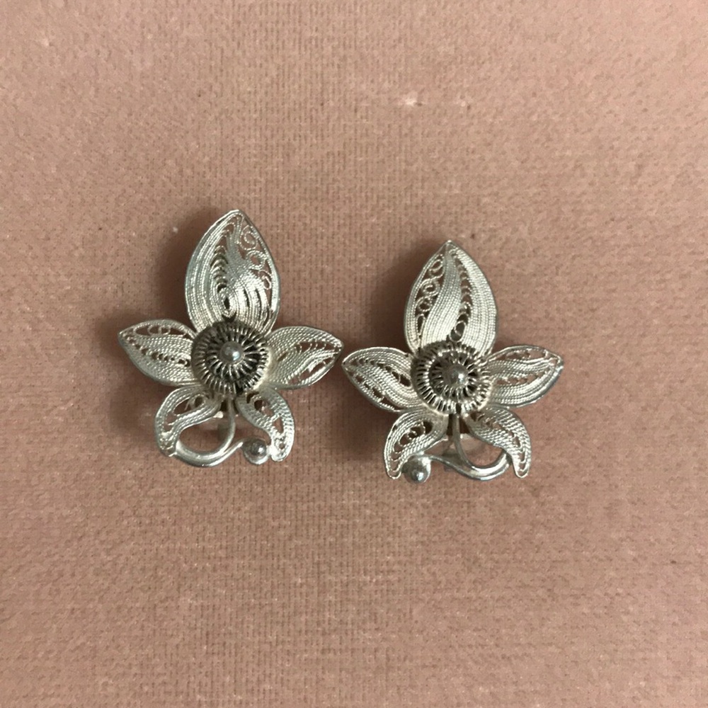 Coin Silver Filigree Clip Earrings